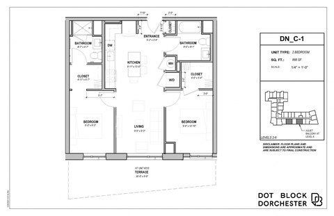 Floor plan for 2 beds, 2 baths, 866 sqft